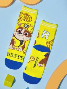 SHEIN | PAW Patrol 4 双棉质柔软透气吸湿排汗儿童男童中筒袜彩色可爱卡通中筒袜加固脚趾和脚跟，经久耐用男女通用适合男孩和女孩所有季节百搭学校和户外夏季冬季、狗、骑手、追逐、废墟 - 彩色 - 查看 13