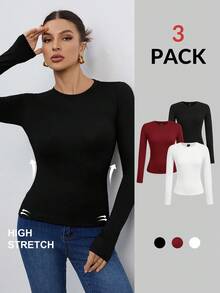 SHEIN Tall 女士三件套圆领休闲紧身纯色长袖T恤套头衫套装，适合春、秋、冬季穿着。女士长袖上衣，紧身衣，修身衣，基础款上衣，三件装。 - 彩色 - 查看 10