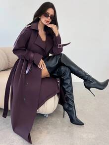 Firerie 女式卡其色翻领仿皮袖收腰双排扣中长款风衣，长袖风衣，春/秋/冬装，通勤，优雅，日常，工作装 - 卡其色 - 查看 7