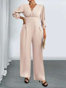 SHEIN CURVE+ 大码休闲通勤纯色阔腿连体裤 - 卡其色 - 查看 4