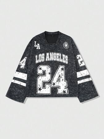 Prep Men's Long Sleeve Shirt, Retro American Sports Top, Oversized #24 Graphic, Loose V-Neck, Great For Basketball Fans & Guys, Streetwear/Sportswear