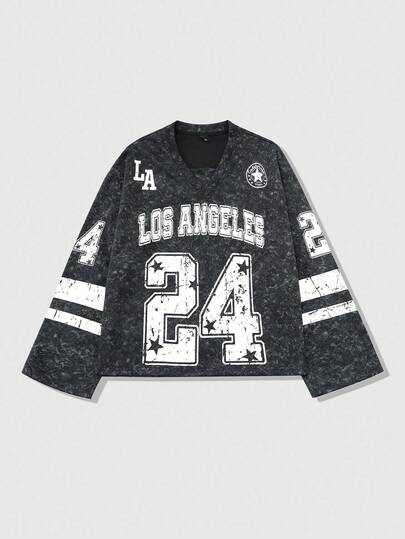 Prep Camisa de manga larga estilo preppy para hombres, camiseta deportiva retro estadounidense, gráfico oversize 24, cuello en V holgado, ropa urbana/deportiva, para otoño