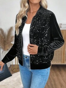 EMERY ROSE Women's Fashionable Commuter Sequin Patchwork Jacket In Fall/Winter,Cozy Fall And Winter Clothes For Women - Black - View 5