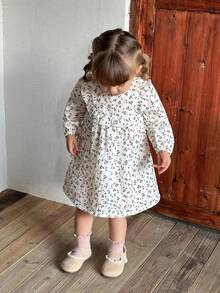 SHEIN Cute Floral Ruffle Trim Long Sleeve Dress, Infant/Toddler Girls Spring/Autumn Fall Winter - White - View 5