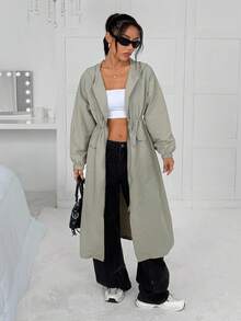 SHEIN EZwear 女款绿色中长款连帽风衣，秋季 - 綠色 - 查看 4