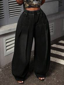 Slaydiva Women's Casual Washed Pleated Wide Leg Jeans - Black - View 6