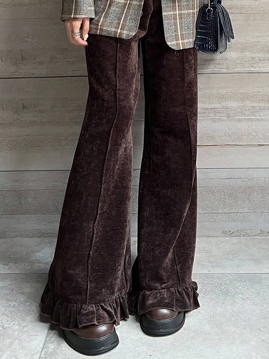 FRIFUL Pantalones largos de mujer con cintura elástica, parches de terciopelo y dobladillo floral - Café integral - Ver 1