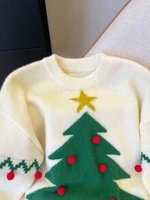 SHEIN Franclia 圣诞休闲宽松圆领长袖针织毛衣，3D圣诞树提花装饰，米色，女款，秋冬 - 米色 - 查看 4