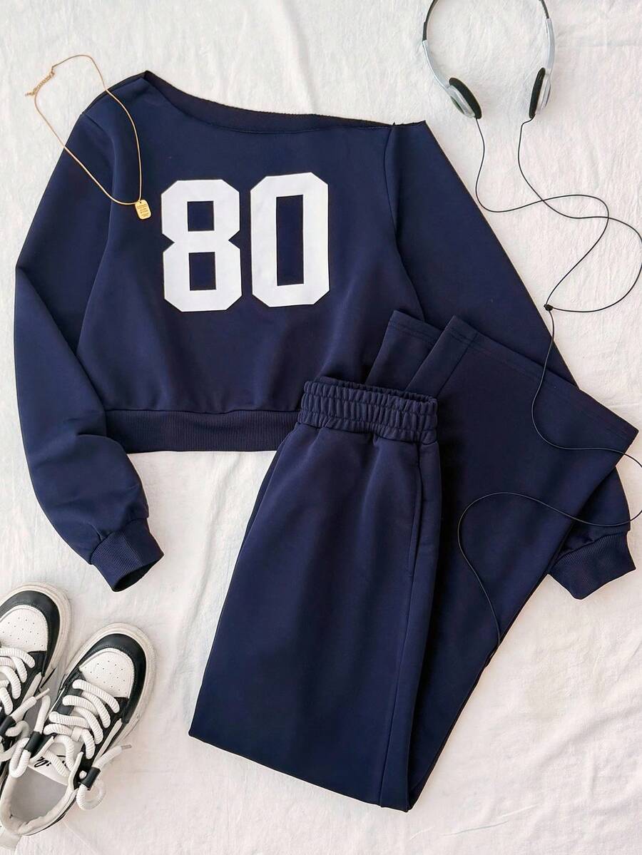 SHEIN 少女休闲皇家蓝色针织标语露肩印花短款长袖露肩运动衫修身上衣和春灰色少女针织宽松直筒后背贴袋运动裤休闲运动两件套,夏季,凉爽,基本款,日常,百搭,运动时尚夏季上衣,返校季,校服,运动服 - 寶藍色 - 查看 1