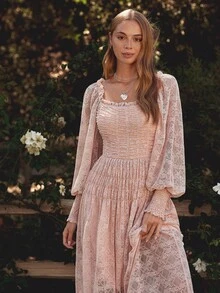 WESTFADE 褶饰方领长袖修身喇叭蕾丝长裙，秋季、冬季、纳什维尔演唱会服装，休闲、可爱、波西米亚风、西部风女装 - 淺粉色 - 查看 3