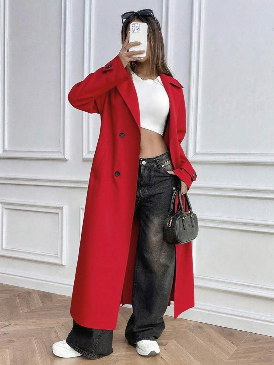 SHEIN Unity 女士翻领双排扣长袖时尚百搭长款风衣 - 紅色 - 查看 1