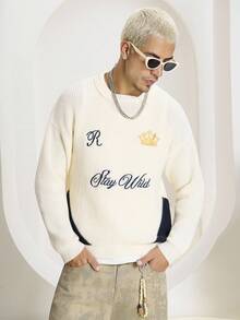 STEELVANCE Herren Pullover mit Buchstaben- und Kronen-Stickerei, Rundhalsausschnitt, Langarm, Herbst Winter - Weiss - Übersicht 6