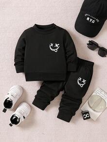 SHEIN Newborn Casual Solid Color & Printed Top And Pants Set - Black - View 3