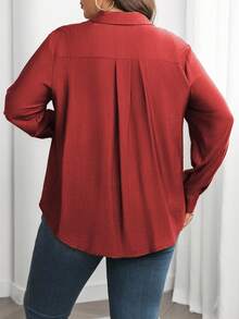 Vionelle 大码休闲百搭纯色长袖衬衫 - 酒紅色 - 查看 2