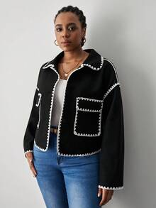 SHEIN Tall CURVE Plus Size Women Flower Trim Drop Shoulder Long Sleeve Casual Jacket, Autumn/Winter - Black and White - View 4