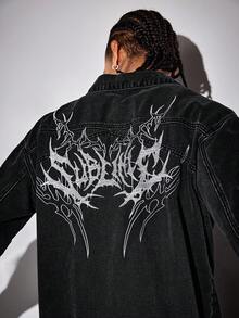 ROMWE MEN Men's Gothic Pattern Long Sleeve Zip-Up Casual Denim Jacket, Autumn - Black - View 2