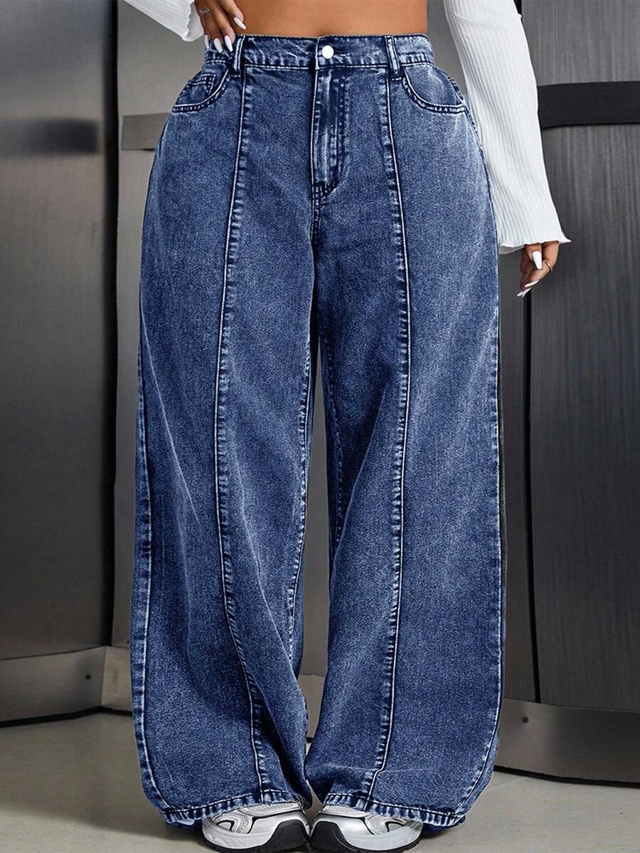 SHEIN CURVE+ Plus Size Casual Simple Denim Jeans, Suitable For Summer,Curve Plus ,Hoho Vacation - Blue - View 1