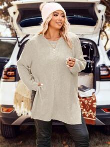 SHEIN LUNE Plus Size Casual Solid Color Side Slit Sweater, Autumn/Winter - Apricot - View 6