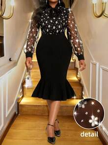 SHEIN Lady 加大码网眼拼布透明美人鱼下摆优雅长袖连衣裙 - 黑色 - 查看 1