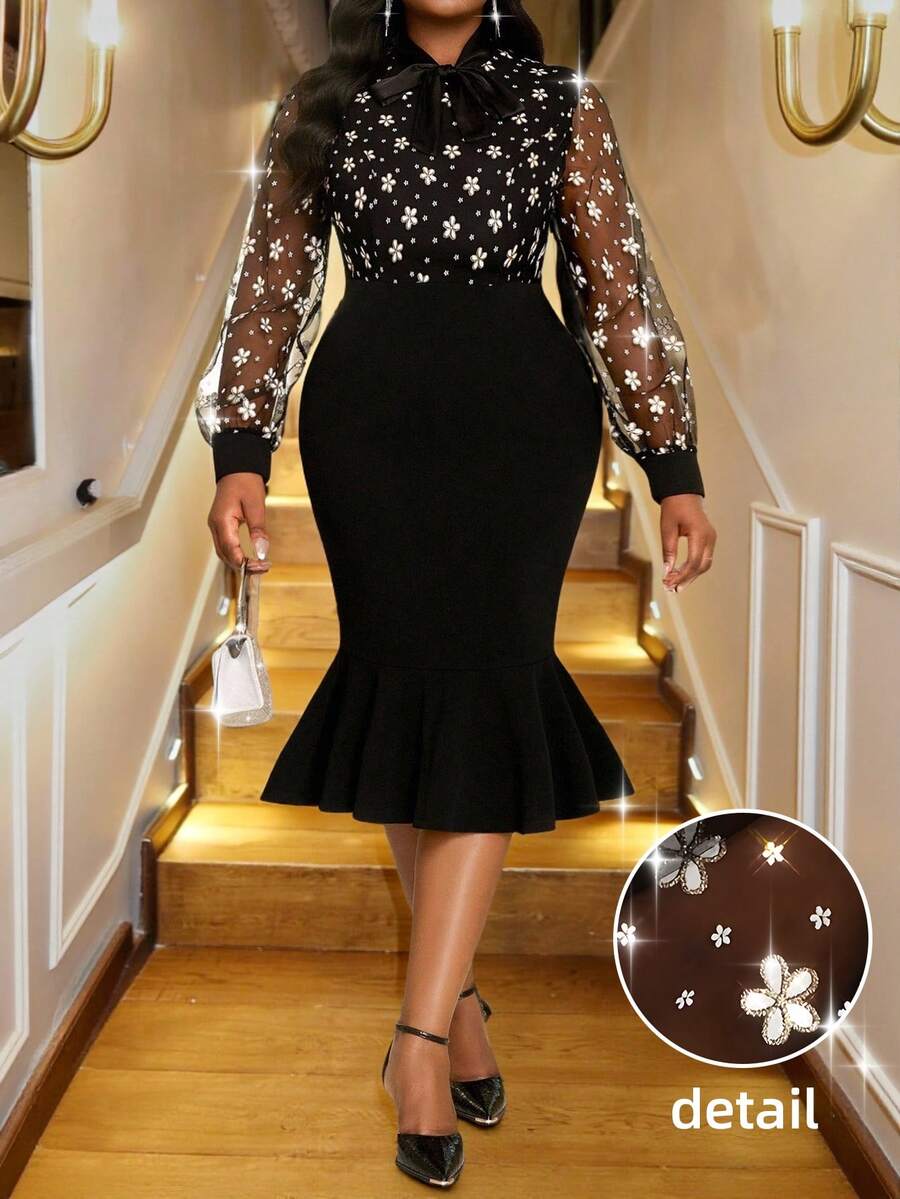 SHEIN Lady 加大码网眼拼布透明美人鱼下摆优雅长袖连衣裙 - 黑色 - 查看 1