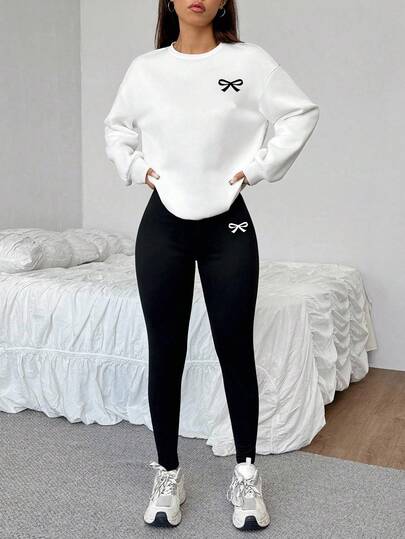 SHEIN EZwear 2pcs/Set Casual Loose Crew Neck Sweatshirt And Skinny Leggings Pants, Bow Logo, Streetwear, Vintage, Back To School, Retro, Fall Women's Casual Outfits, Autumn And Winter, School Clothes, Country, Hip-Hop, Streetwear, Sports, Fitness, Gym 2 Piece Sets Woman Pants