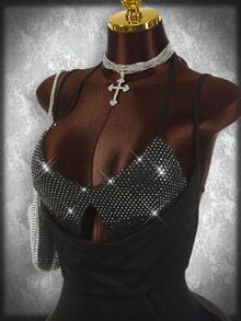 Amplova Y2K Amplova Party Plus Size Dresses Sequined Triangle Bra Strap Sleeveless Sexy Mesh Wrap Stitching Tight Hip Mini Dress Elegant Dresses For Women Wedding Guest Dress Party Dress