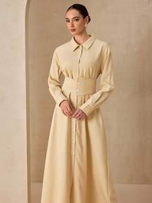 Graceveil Cream-Colored Cinched Waist Long Sleeve Dress, Casual For School, Vacation, And Dates - Yellow - View 4