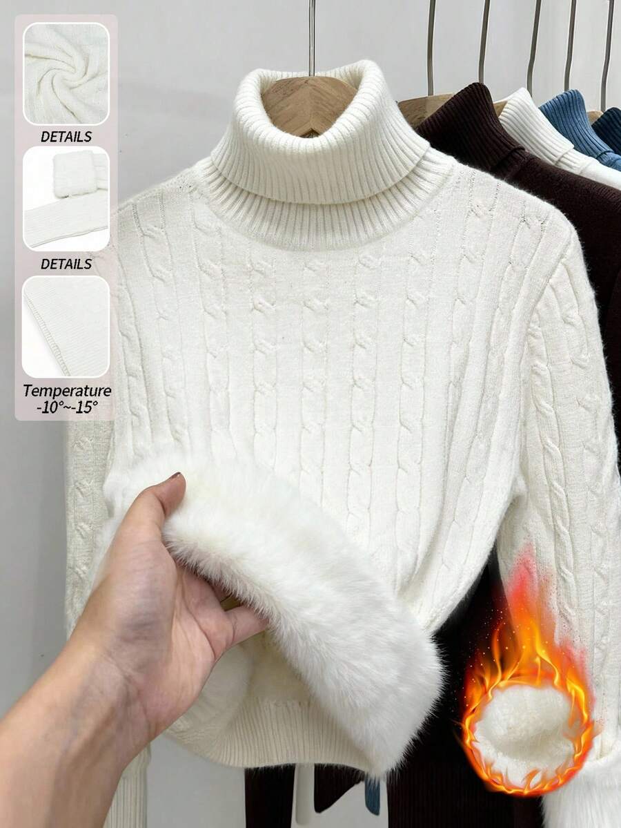 Franclia New Autumn/Winter Simple Elegant Versatile Thickened Thermal Lined Turtleneck Pullover Sweater For Women - White - View 1