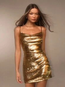 Avantive Fall&Winter Halloween Christmas New Year Going Out Graduation Prom Elegant Formal Luxury Chic Business Casual Birthday/Office Outfits/Country Concert/Club Outfits Sexy/Western/Work Clothes/Streetwear/Vintage/Festival/Cocktail/Rave/Prom/Hawaii/Airport/Funny/Basic/Brunch Outfits/2000s Style/Bodycon/Old Money Style/Church/Homecoming/Classy/Party/Modest/Date Night/Gold/Sequin Shiny Sparkly Glitter Mini Derss/Gold Dress For Women - Multicolor - View 5