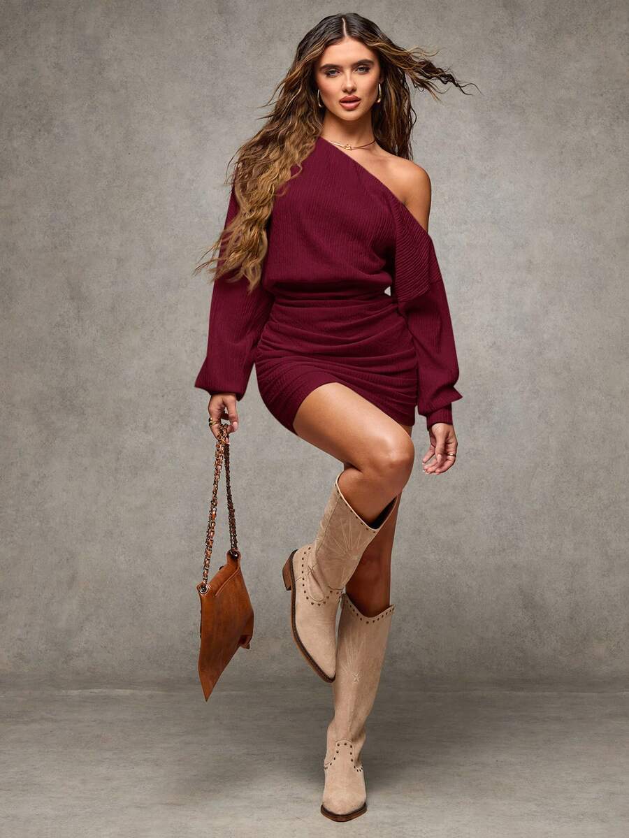 SHEIN BAE Damen Off-Shoulder Langarm Thermo-Strickpullover Herbst Winter Damenbekleidung Langarm Boho Winterkleid, Kälteschutzkleidung, Weihnachtsparty, Herbstfrauen Kleider, Weihnachtsfrauen Bekleidung, Partyfrauen Kleider, Abendkleid, Sommerkleid, Weihnachtsfrauen Kleid, Silvester Kleid, Elegante Frauenkleider