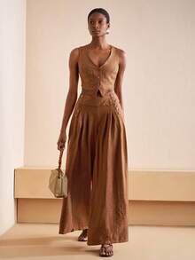 Zivah 2025夏季新款音乐节复活节母亲节婚礼生日派对日常出游基础百搭休闲度假邮轮旅行沙滩海边日光浴网红爆款街头风优雅通勤商务休闲V领无袖修身开衫女背心宽松阔腿裤纽扣口袋百褶女两件套 - 鏽棕色 - 查看 5