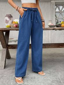 Breezaya Women's Casual Commuter Versatile Solid Color Drawstring Waist Slant Pocket Straight Leg Jeans - Dark Wash - View 5