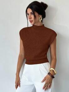 Melissa Matos Elegant High Neck Loose Casual Versatile Sleeveless Knit Sweater Vest,Brown Sweater,Brown Top - Brown - View 4