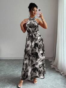 SHEIN Elenzya Elegant Floral Print Dress, Suitable For Commuting And Island Vacation - Black - View 6