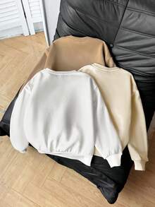 SHEIN 3件套少女休闲宽松圆领套头卫衣，爱心和标语印花，卡其色、白色、棕色，秋冬女童服装 - 彩色 - 查看 6