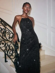 Maija 圣诞派对季吊带流苏亮片女式连衣裙 - 黑色 - 查看 6