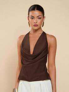 COSMINA Women's Sexy Solid Color Lace-Up Backless Halter Top, Summer - Coffee Brown - View 4