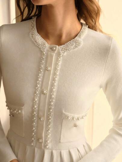 MOTF PREMIUM 女式秋季仿珍珠装饰圆领褶饰长袖毛衣裙