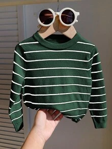 SHEIN 儿童男婴和女婴舒适条纹针织毛衣，休闲百搭圆领长袖套头衫，适合秋冬季、幼儿园