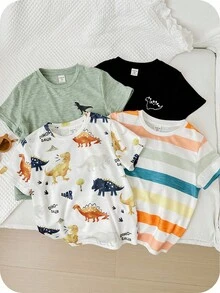 SHEIN 4pcs Baby Boy/Girl Colorful Striped Cartoon Dinosaur Pattern Soft Knit Crew Neck Short Sleeve Tops, Suitable For Spring/Summer Vacation & Outdoor Play