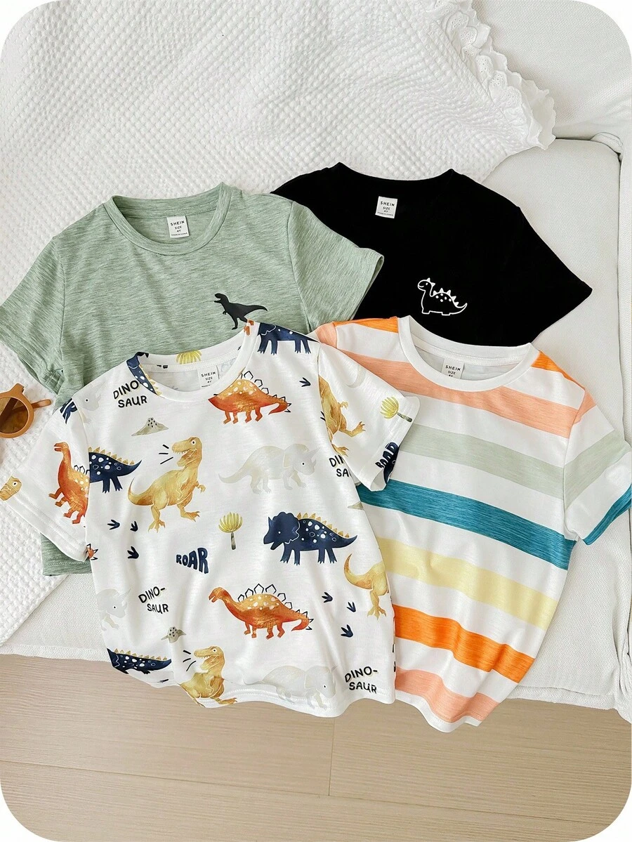 SHEIN 4pcs Baby Boy/Girl Colorful Striped Cartoon Dinosaur Pattern Soft Knit Crew Neck Short Sleeve Tops, Suitable For Spring/Summer Vacation & Outdoor Play