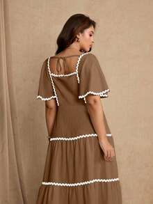 Roveilla Vestido casual de verano con parches, volantes y lazo para mujer de talla grande - Marrón - Ver 2