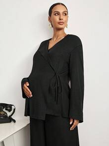 MaterniWear 纯色长袖上衣和阔腿裤孕妇两件套套装 - 黑色 - 查看 6