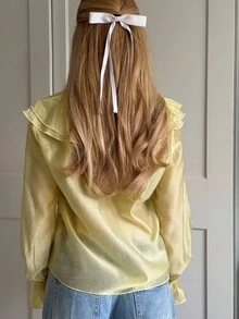 CovetEZ Women's Autumn And Winter Goose Yellow Solid Color Ruffled V-Neck Long-Sleeved Romantic Yellow Shirt Yellow Top Ruffled Top With Straps Romantic Long-Sleeved Ruffled Casual Fashion Shirt