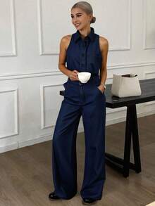 DAZY 无袖翻领修身背心上衣、阔腿裤、腰带西部牛仔女装秋季套装、休闲度假女士牛仔套装 - 藍色 - 查看 1