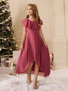 Girls' Layered Ruffle V-Neck Tie Bow Front Short Back Long Dress, Suitable For Flower Girl, Wedding, Prom, Birthday Party, Back To School, Graduation, Christmas, Halloween Fall Winter - Watermelon Pink - View 4