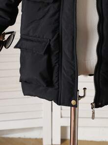 Áo khoác parka trùm đầu dày cho bé trai, cổ lông giả, khóa kéo, túi, tay dài, thời trang cho mùa thu/đông - màu đen - Xem 4