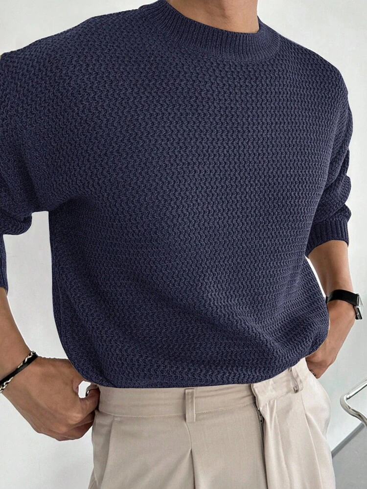Solid Navy Blue Round Neck Sweater For Men, Autumn/Winter