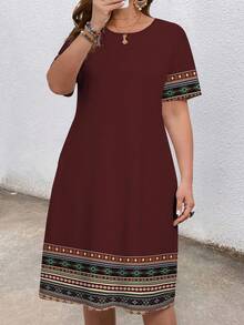 Mellowie Plus Size Women's Round Neck Short Sleeve Stripe Retro Print Dress, Suitable For Spring Summer Vacation Chic Dress - Multicolor - View 3