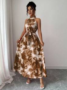 Elenzga Váy họa tiết hoa thanh lịch, phù hợp cho việc đi làm và đi nghỉ dưỡng trên đảo - màu nâu - Xem 6